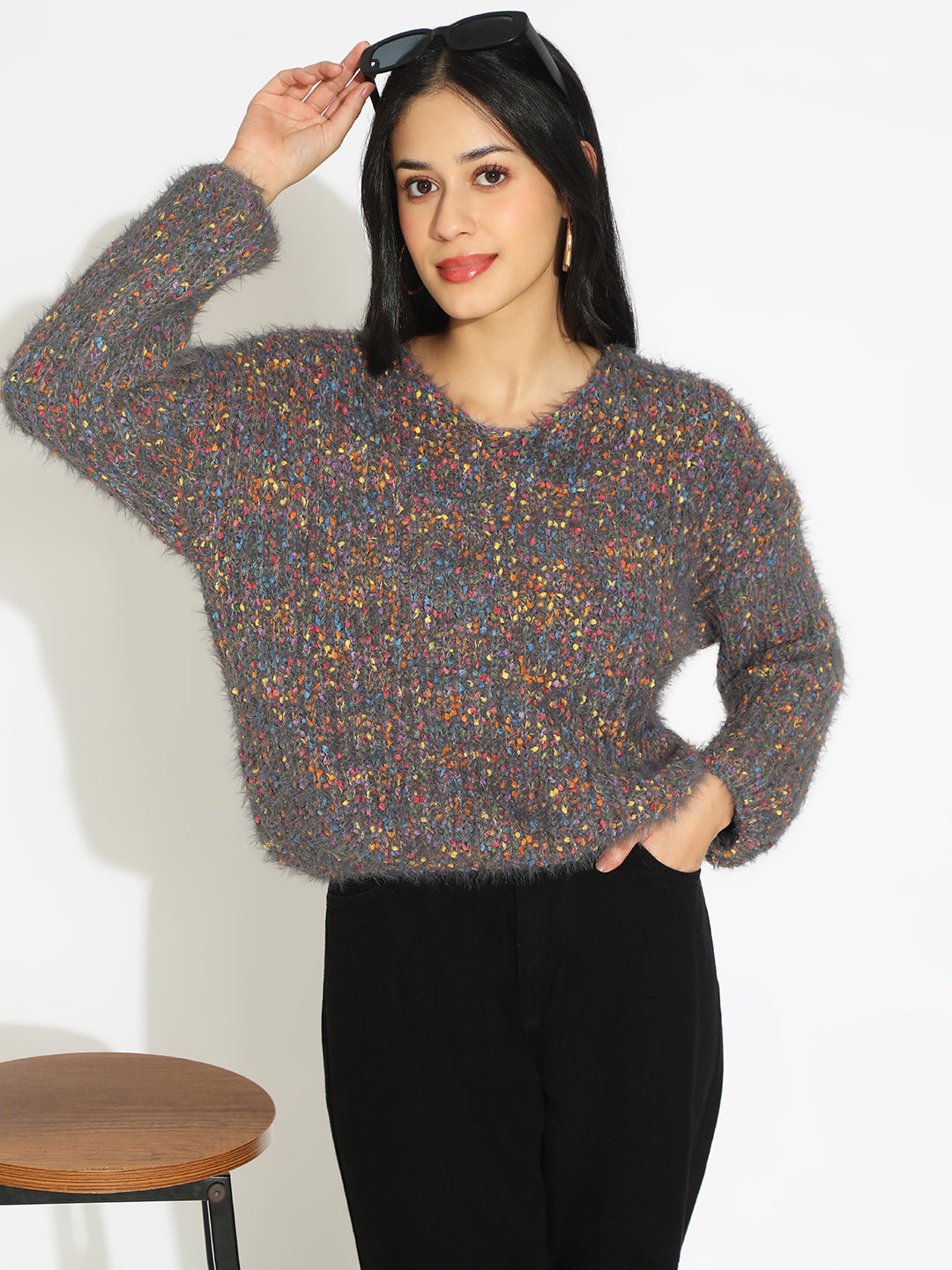 Women's Textured Grey Fuzzy Knit Pullover Sweater