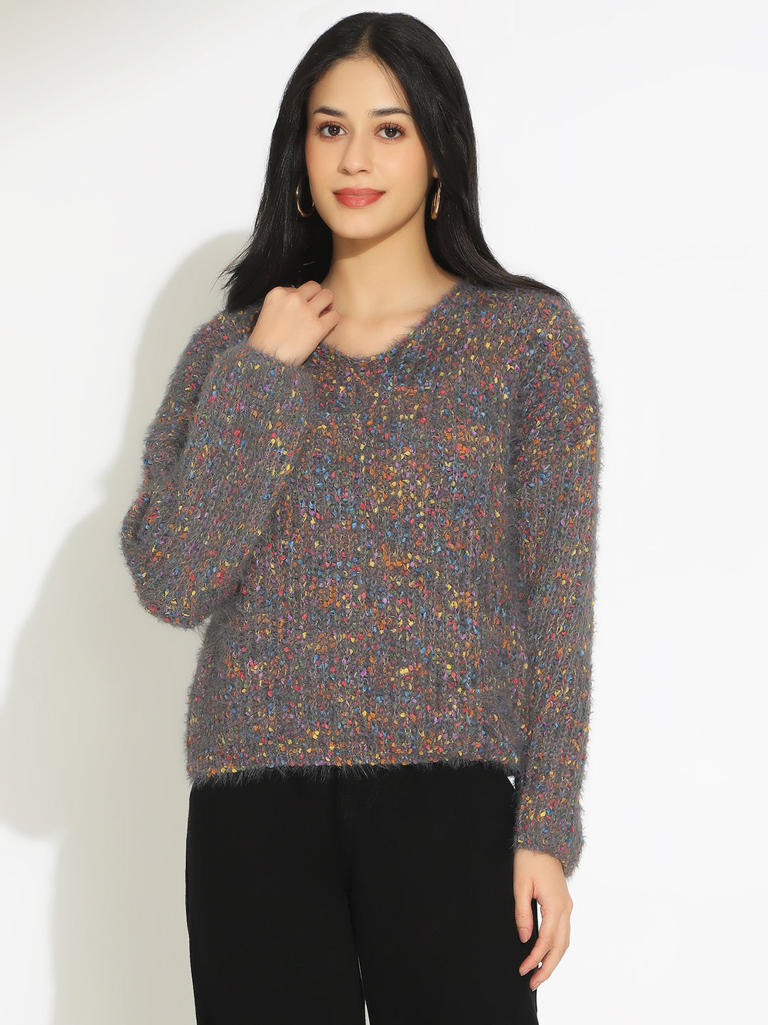 Women's Textured Grey Fuzzy Knit Pullover Sweater - Image 2