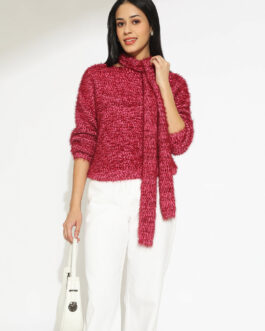 Women's Pink V-Neck Knitted Top with Matching Scarf