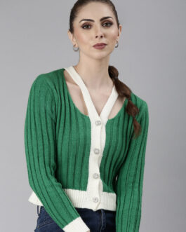 Women's Green Striped Self-Design V-Neck Ribbed Knit Cardigan