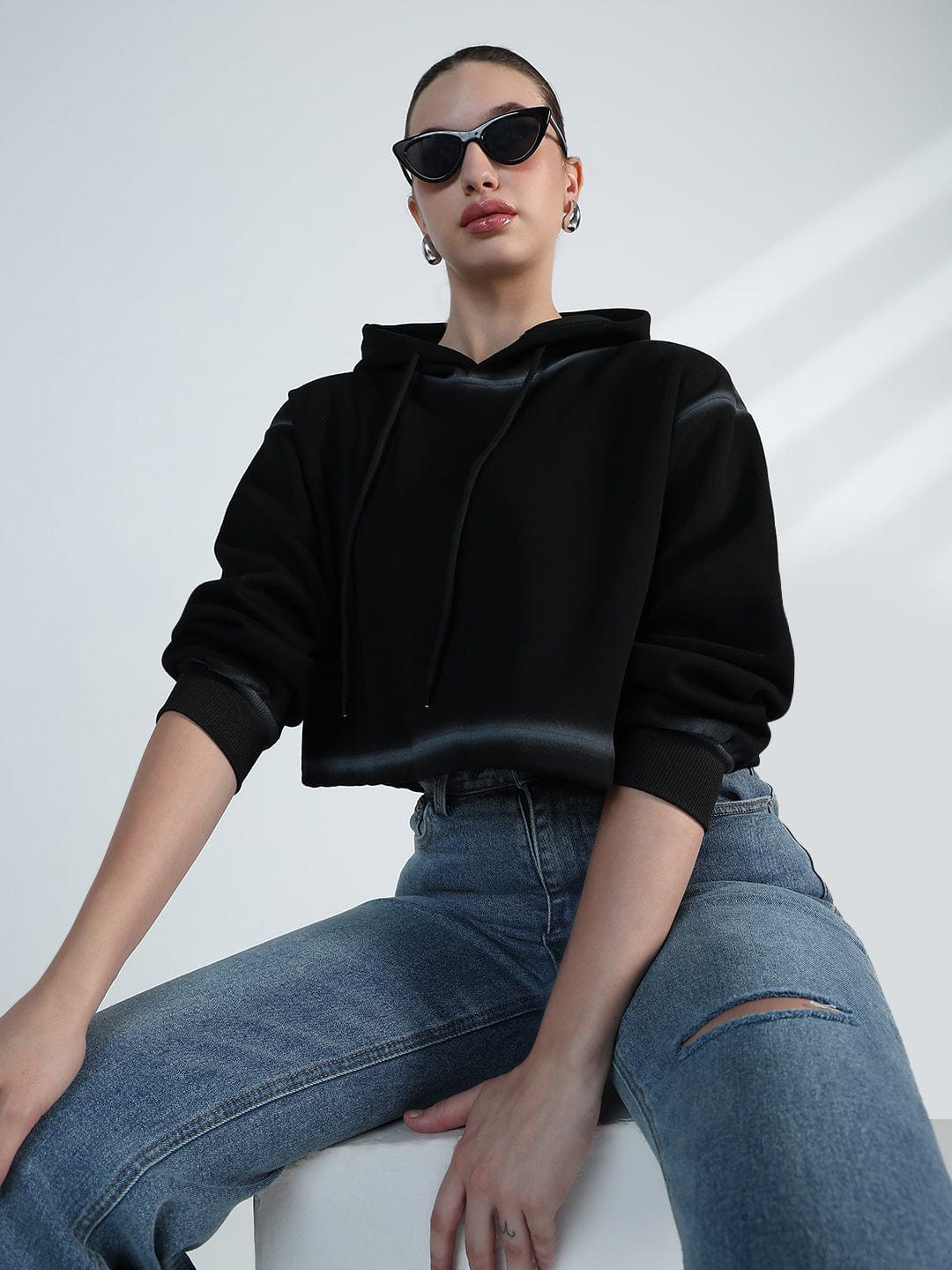 Women's Black Oversized Hooded Cotton Sweatshirt