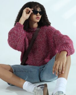 Women's Pink Oversized Sweater with Silver Embellished Detail