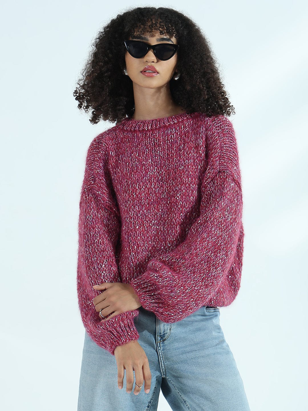 Women's Pink Oversized Sweater with Silver Embellished Detail - Image 2