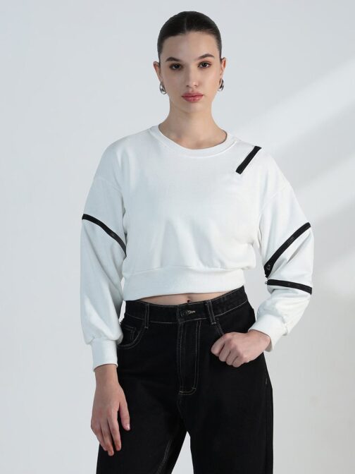 Women's White Oversized Sweatshirt with Zipper Detail - Image 2