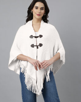 Women's Hooded Neck Solid White Longline Knitted Poncho