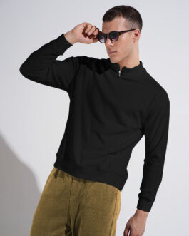 men?s black mock collar ribbed sweatshirt smart casual winter outfit