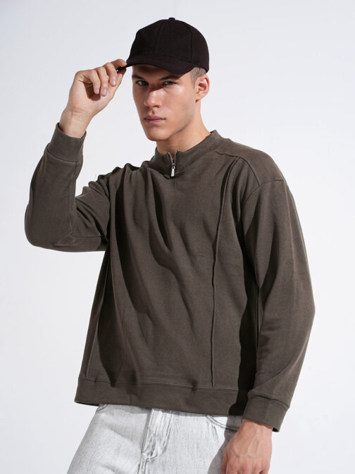 men?s grey mock collar regular fit sweatshirt soft fleece winter comfort