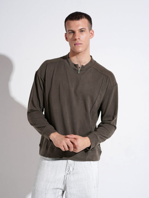 men?s grey mock collar regular fit sweatshirt soft fleece winter comfort - Image 2