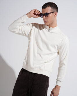 men?s off white mock collar regular fit sweatshirt minimal winter casual wear