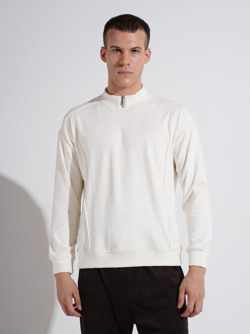 men?s off white mock collar regular fit sweatshirt minimal winter casual wear - Image 2