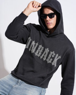 men?s charcoal typography ribbed hoodie stylish winter streetwear