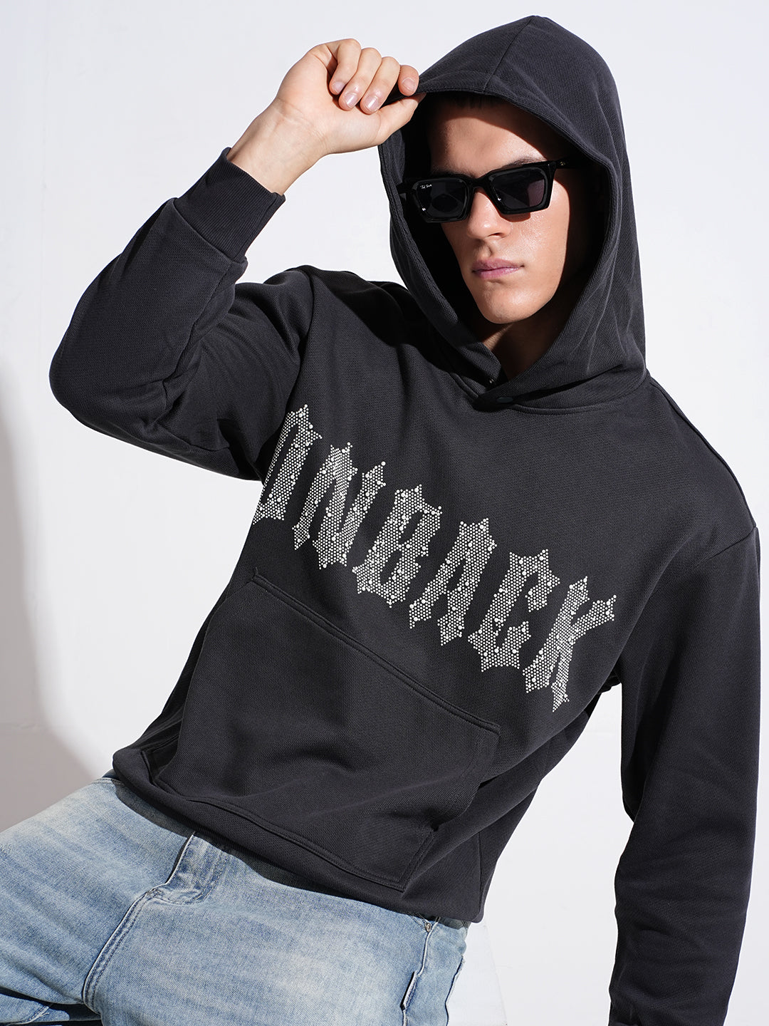 men?s charcoal typography ribbed hoodie stylish winter streetwear