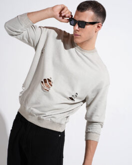 men?s grey round neck ribbed sweatshirt simple casual winter style
