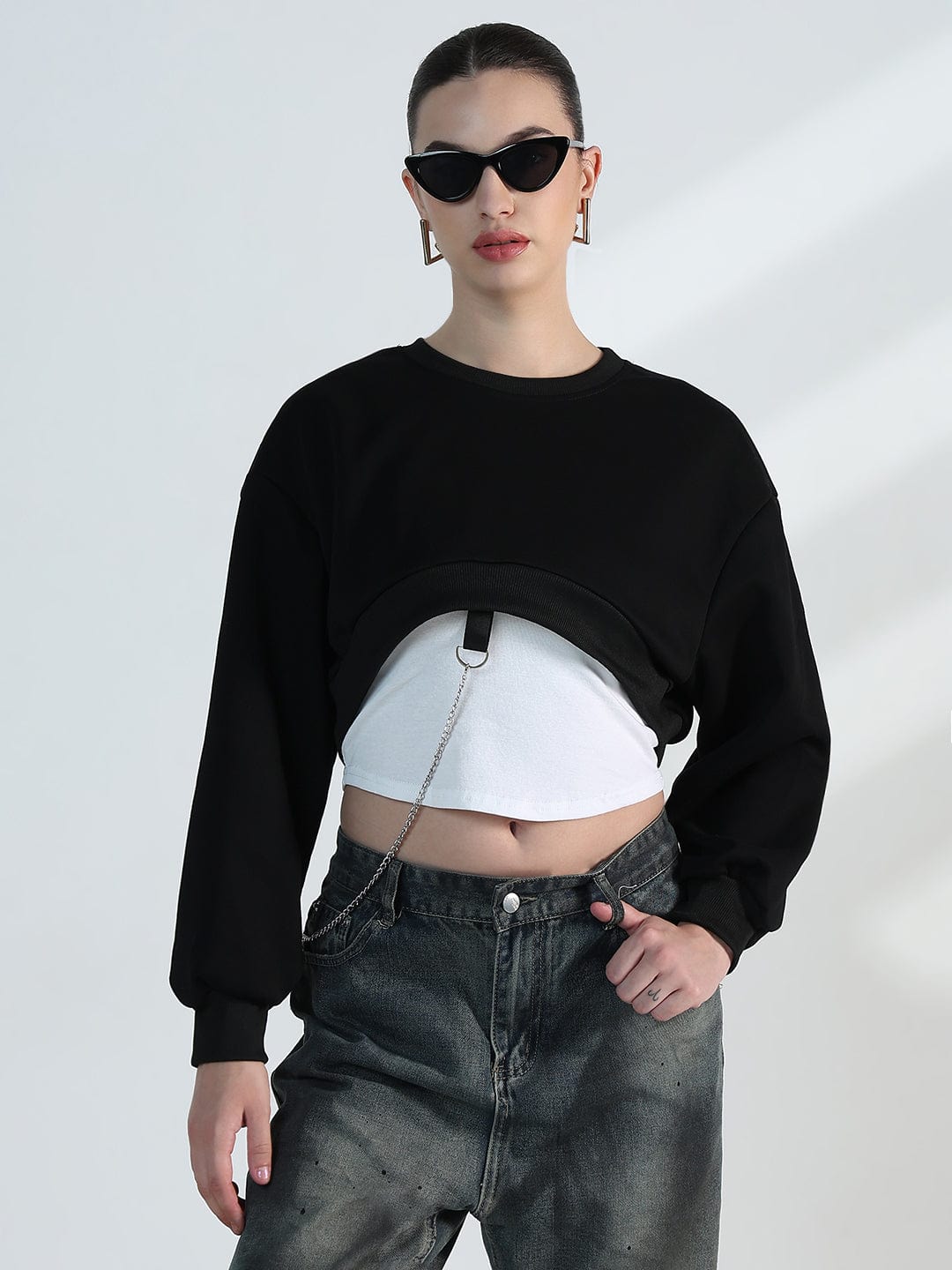 Women's Black Crop Sweatshirt with Chain Detail - Image 2