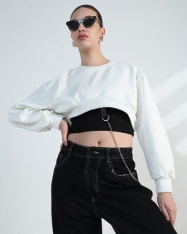 Women's White Crop Sweatshirt with Chain Detail