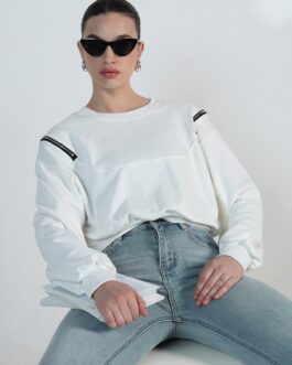 Women's White Oversized Sweatshirt with Shoulder Zip Detail