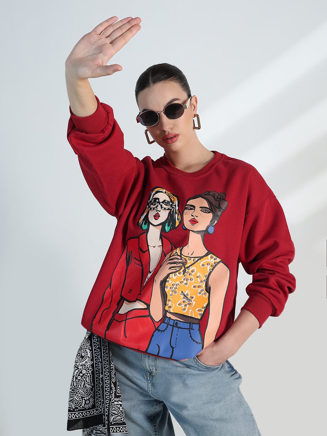 Women's Graphic Red Oversized Fleece Sweatshirt