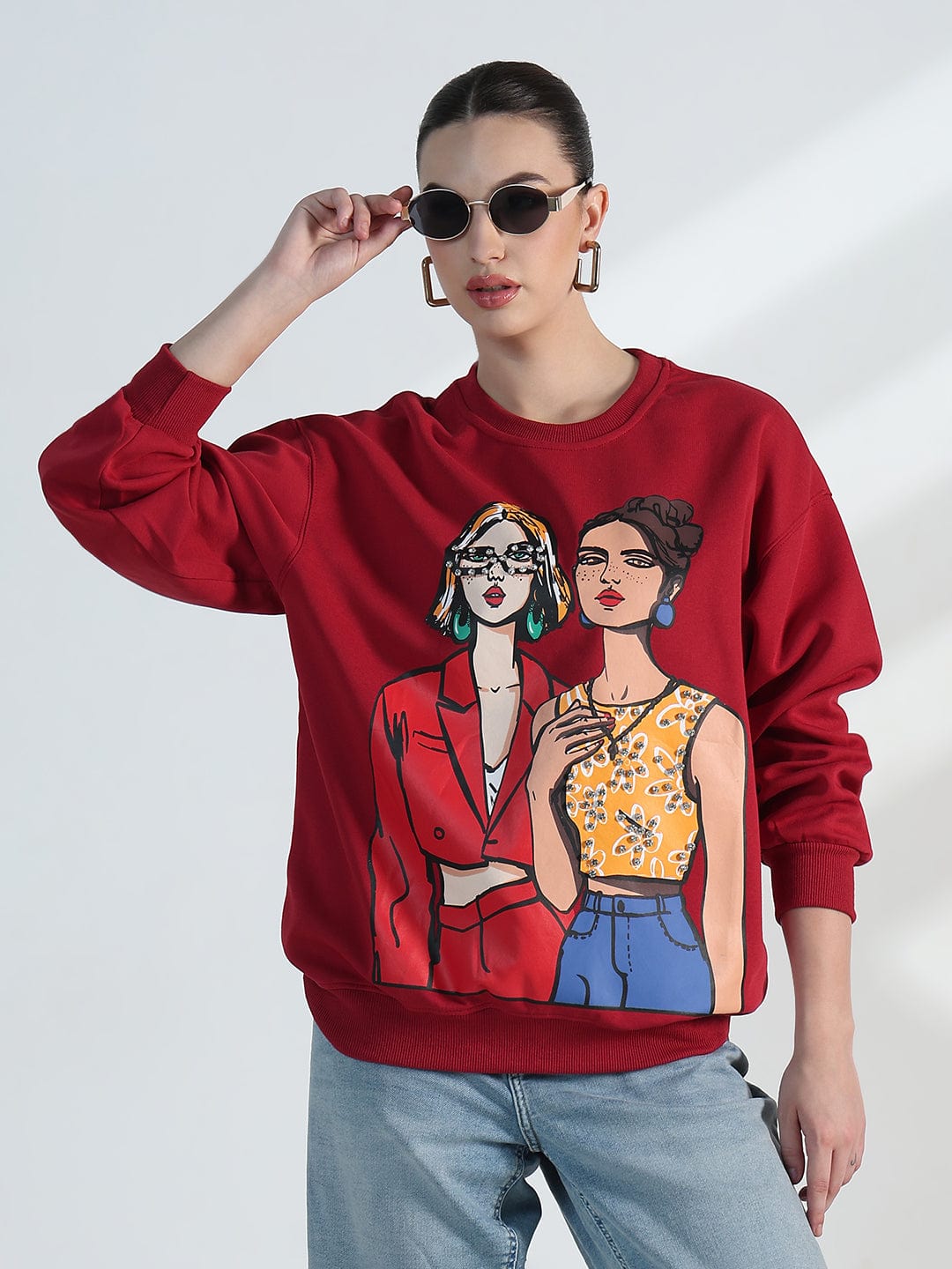Women's Graphic Red Oversized Fleece Sweatshirt - Image 2
