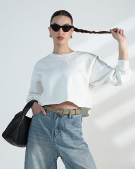 Women's White Oversized Round Neck Fleece Sweatshirt
