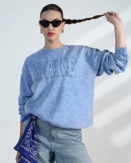 Women's Typography Blue Round Neck Oversized Cotton Sweatshirt