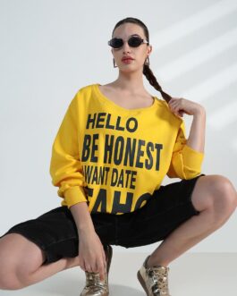 Women's Typography Yellow Scoop Neck Oversized Sweatshirt