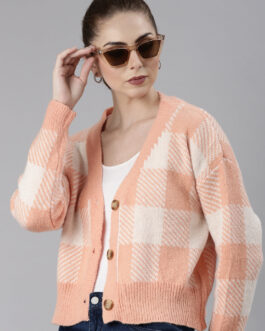 Women's Peach Checked V-Neck Knitted Cardigan