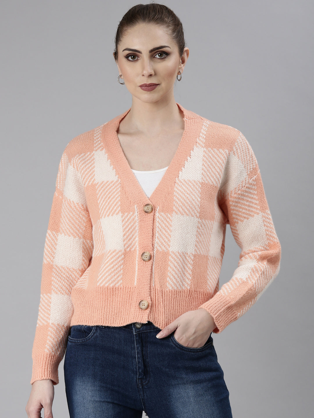 Women's Peach Checked V-Neck Knitted Cardigan - Image 2