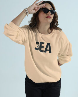 Women's Typography Printed Beige Oversized Round Neck Sweatshirt