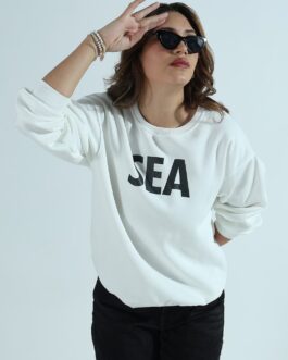 Women's Typography Printed White Oversized Round Neck Sweatshirt
