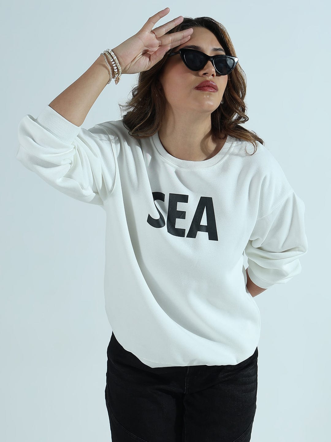 Women's Typography Printed White Oversized Round Neck Sweatshirt
