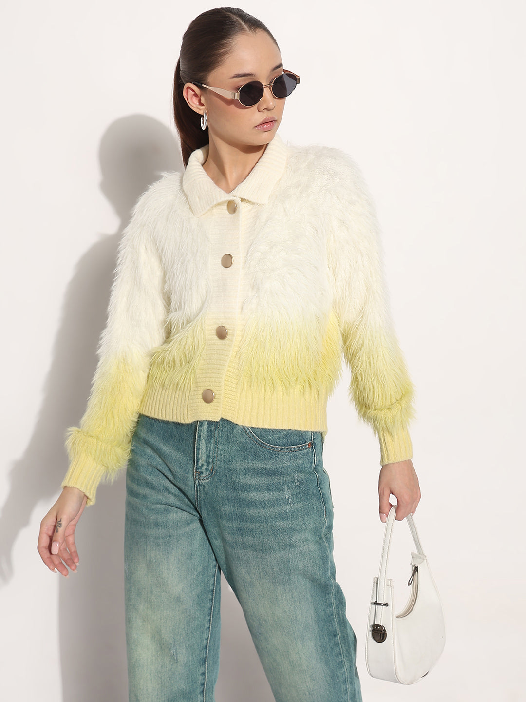 Women's Ribbed Ombre Yellow Shirt Collar Cardigan with Button Detailing
