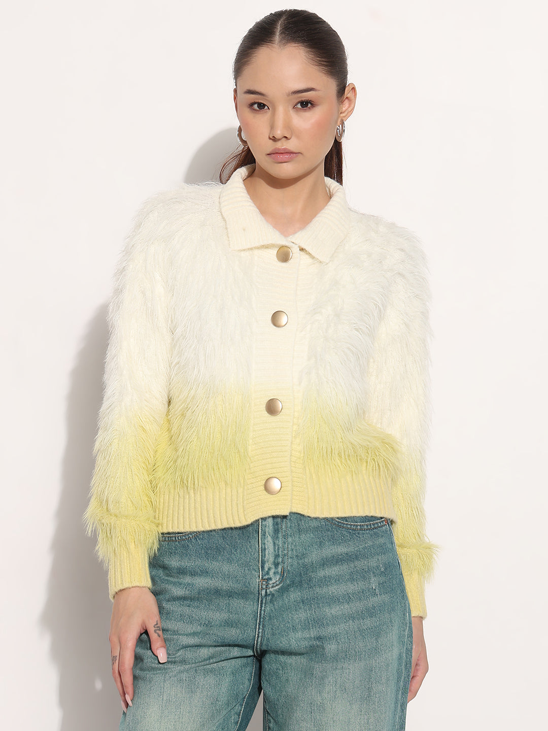 Women's Ribbed Ombre Yellow Shirt Collar Cardigan with Button Detailing - Image 2