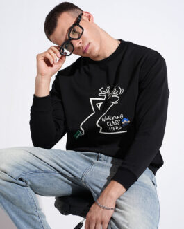 men?s black graphic print ribbed sweatshirt trendy round neck winter wear