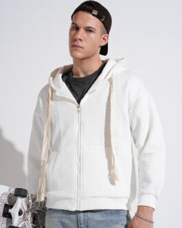 men?s off white ribbed zip hoodie regular fit cozy winter wear