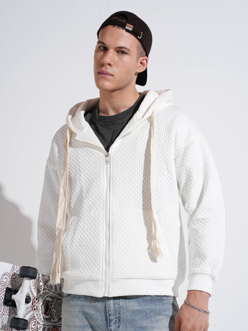 men?s off white ribbed zip hoodie regular fit cozy winter wear