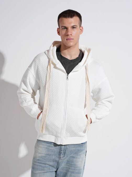 men?s off white ribbed zip hoodie regular fit cozy winter wear - Image 2