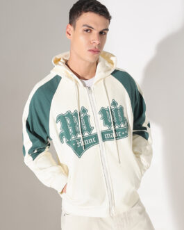 men?s cream typography slim fit zip hoodie trendy graphic winter hoodie