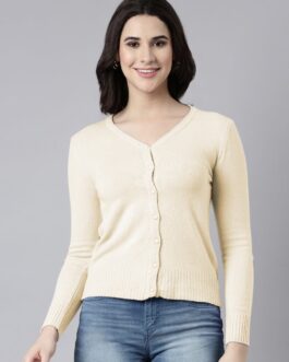 Women's Off White Button-Down V-Neck Knitted Cardigan Sweater