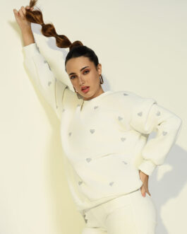 Women's White Oversized Sweatshirt with Small Embellished Heart Design