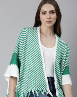 Women's Green Striped V-Neck Front-Open Knitted Poncho with Fringed Detail