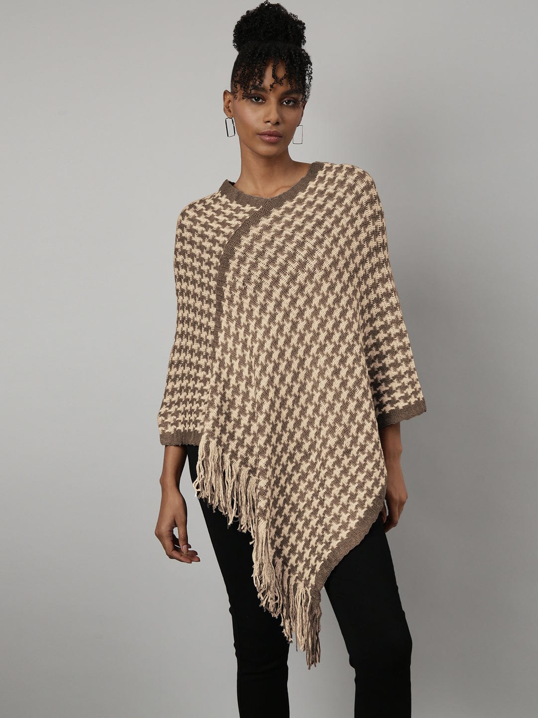 Women's Beige Houndstooth Knitted Poncho with Fringe Trim