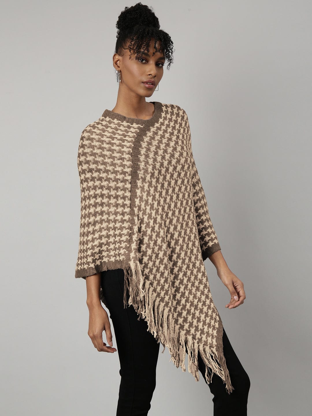 Women's Beige Houndstooth Knitted Poncho with Fringe Trim - Image 2