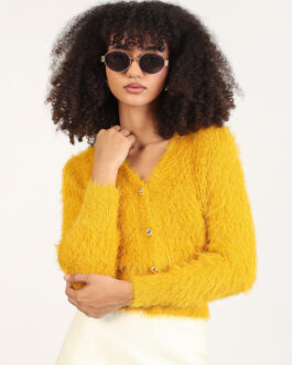 Women's Mustard Solid V-Neck Cropped Knitted Shrug