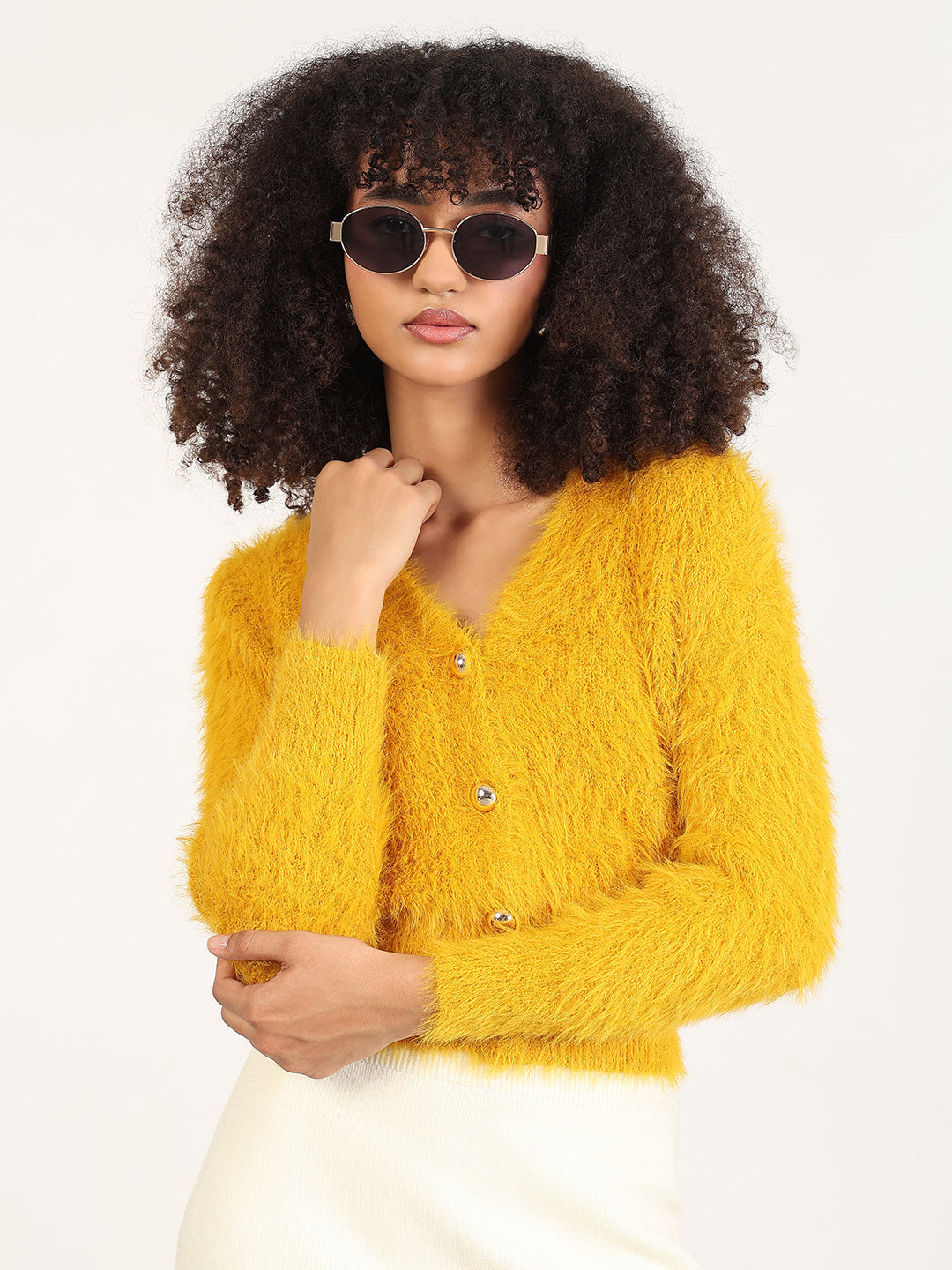 Women's Mustard Solid V-Neck Cropped Knitted Shrug