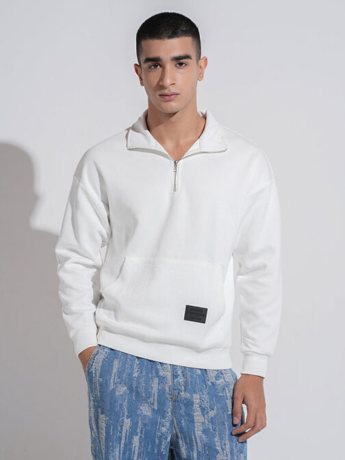 men?s white ribbed slim fit high neck sweatshirt with half zipper trendy winter wear - Image 2