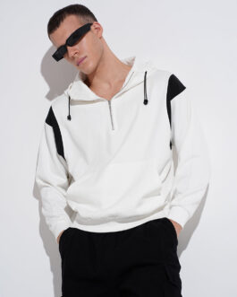 men?s white colourblocked ribbed regular fit zip hoodie casual winter fashion