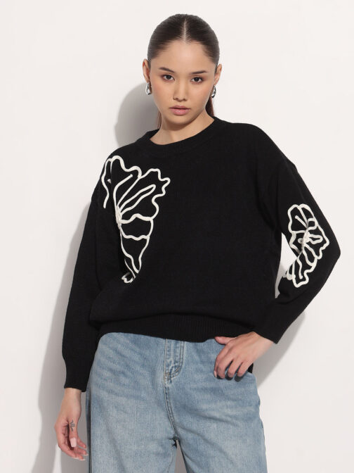 Women's Floral Black Round Neck Knitted Winter Top - Image 2