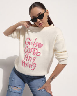 Women's Embroidered Cream Round Neck Knitted Winter Top