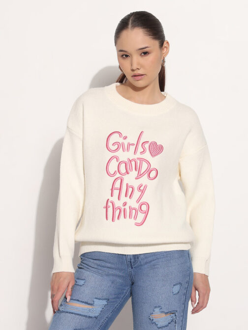Women's Embroidered Cream Round Neck Knitted Winter Top - Image 2