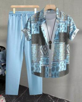 Classy Skyblue Mandala  Mens Full Set Trouser And Shirt Half Sleeves